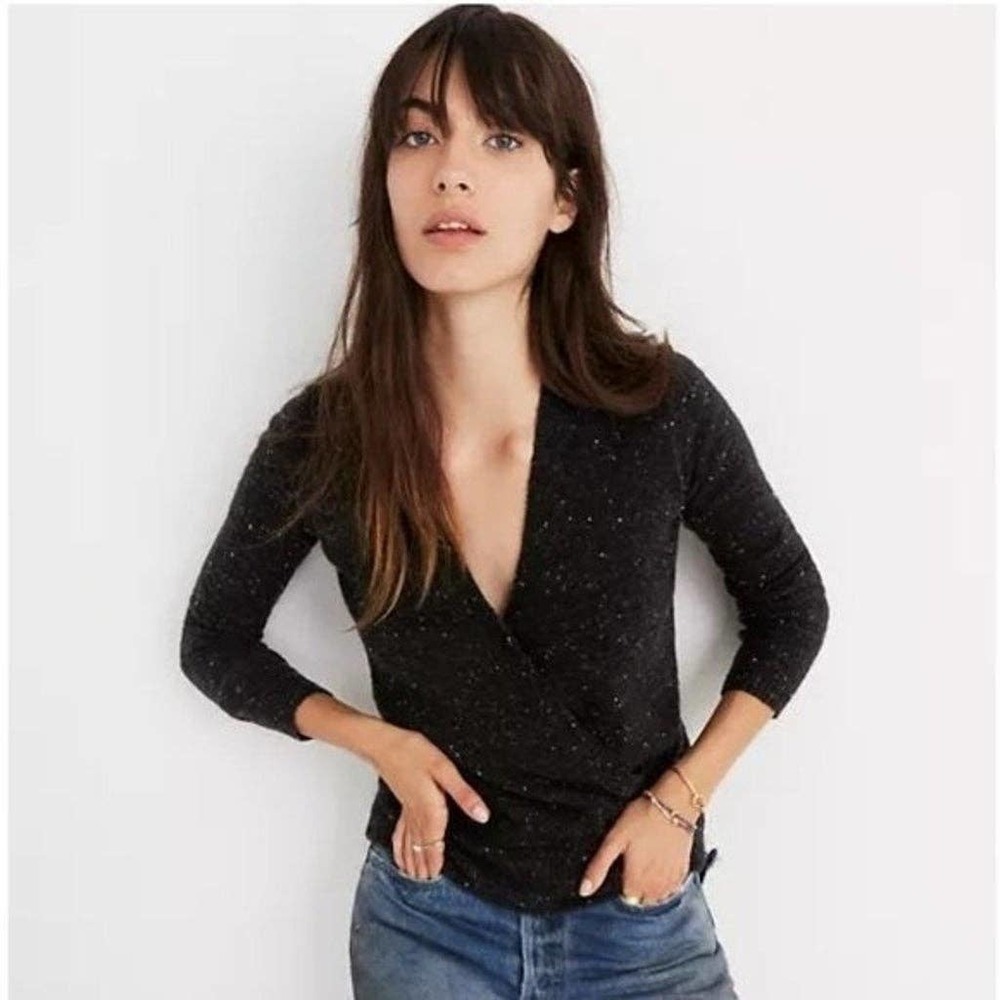 Madewell Wool Donegal Wrap-Front Pullover Sweater in Coziest Yarn, Size XS